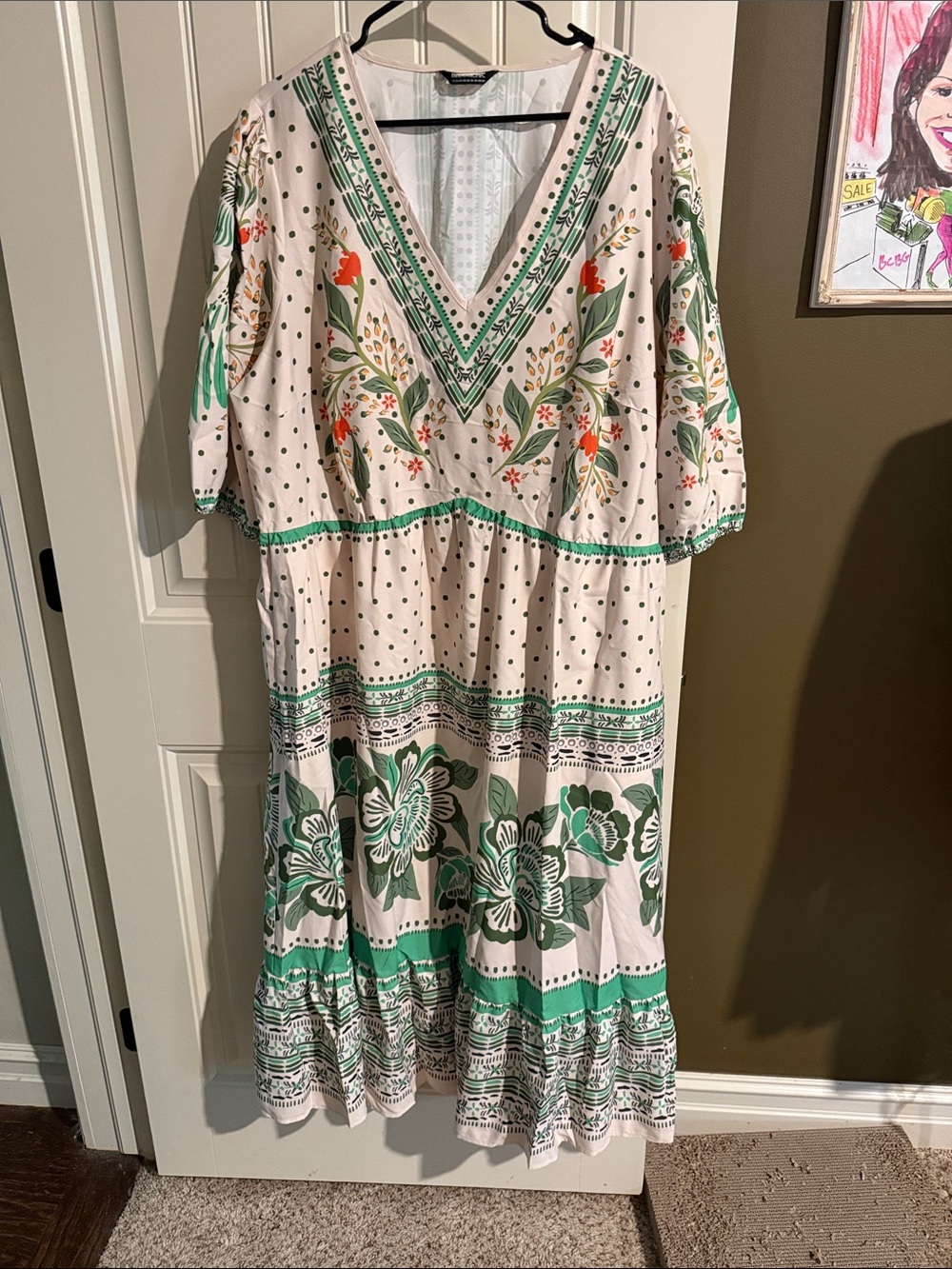 BloomChic Cream Maxi Dress with Green and Orange Floral Print